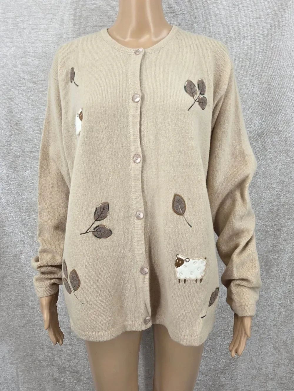 Tulchan Wool Women’s Cream Embroidered Button-Front Sweater Cardigan Sheep